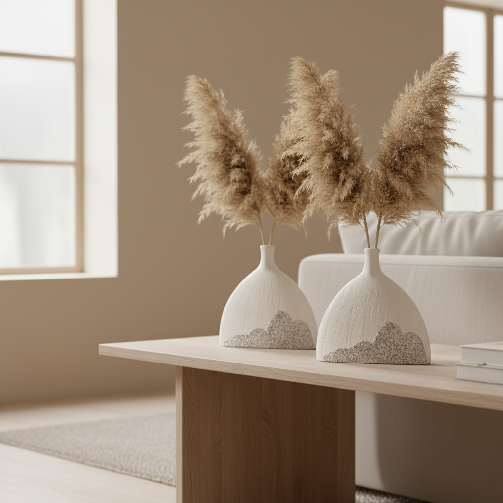 2 identieke witte vazen in Scandinavisch interieur
