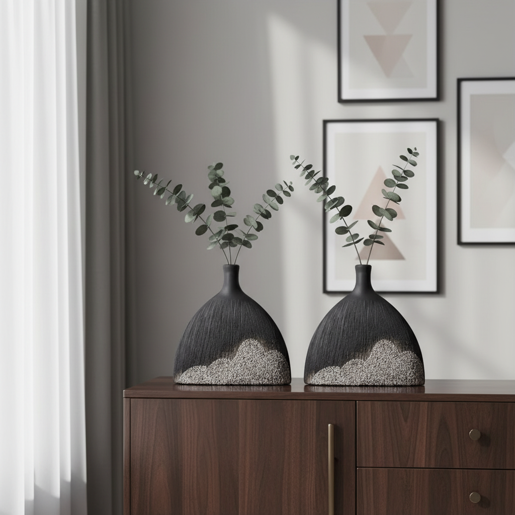 2 identieke zwarte vazen in modern interieur
