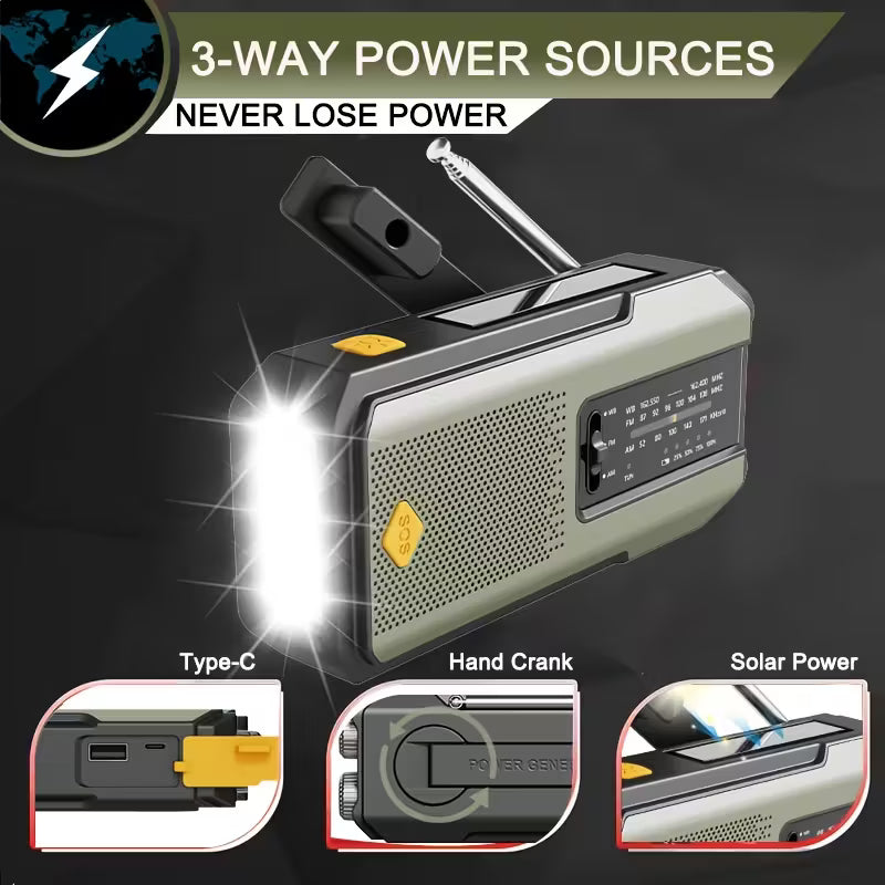 Noodradio met Zonnepaneel, Handcrank & Powerbank – AM/FM Noodradio met Zaklamp