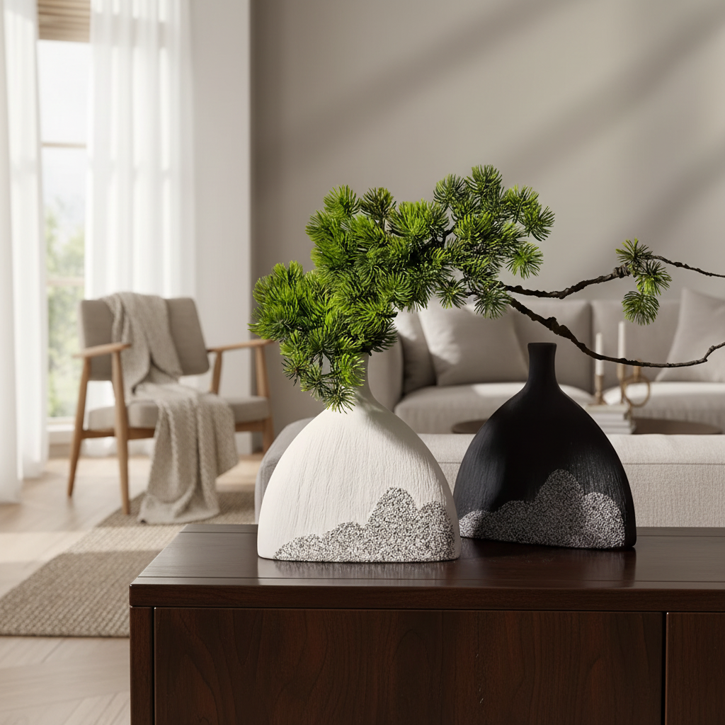 Set van 2 vazen zwart en wit in Scandinavisch interieur