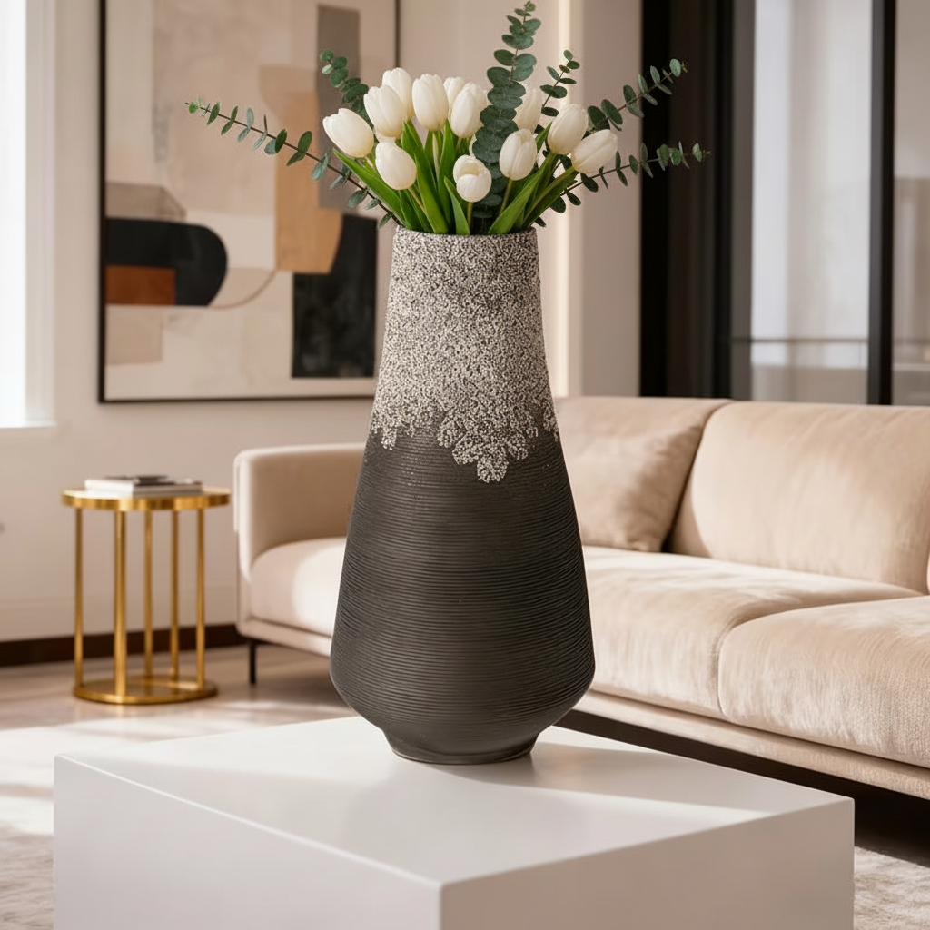 Slanke witte vaas met tulpen op witte salontafel