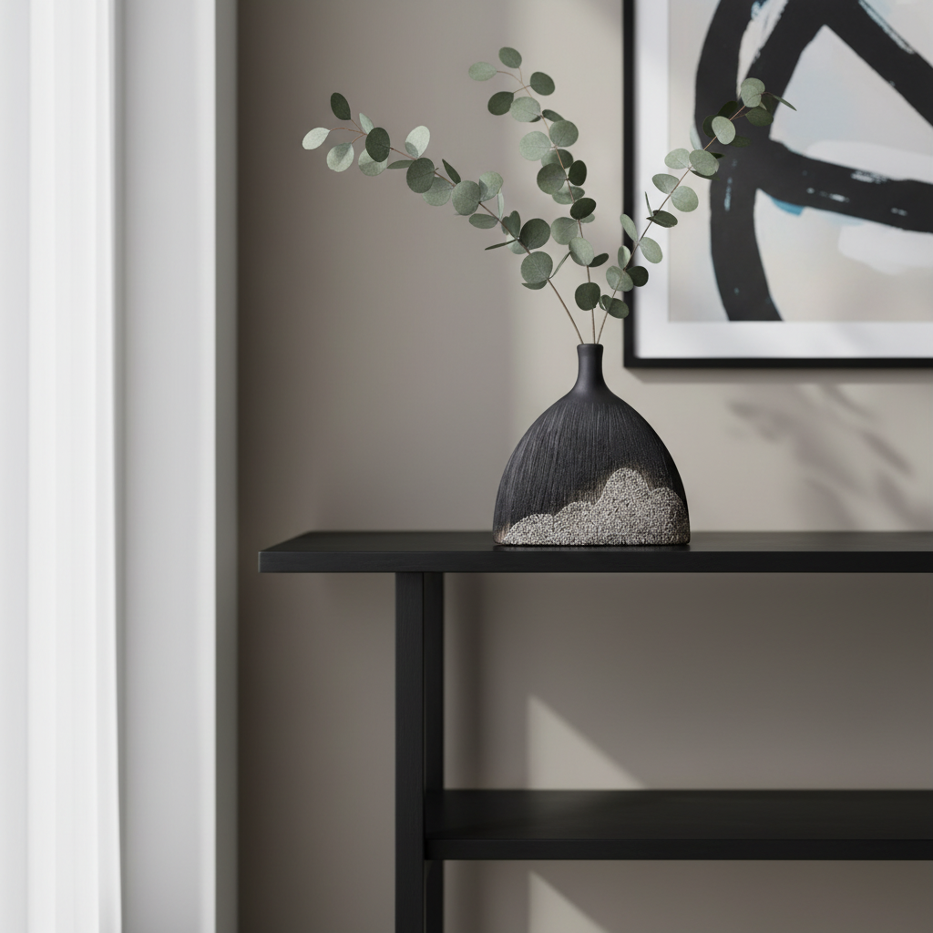 Zwarte vaas in Scandinavisch interieur