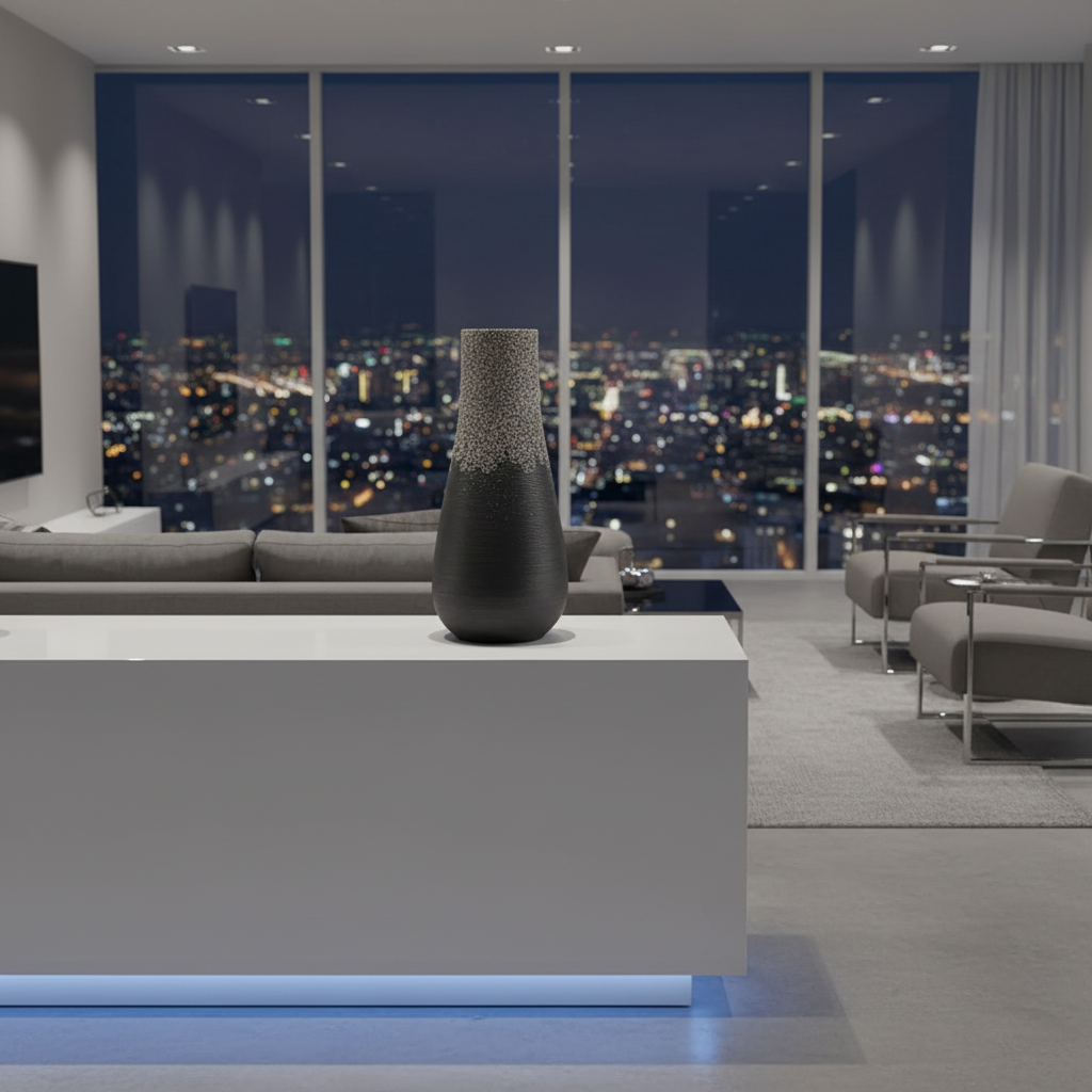 Zwarte vaas met smalle basis in modern interieur
